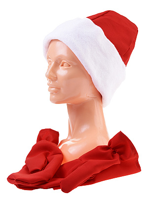 Комплект "Дед Мороз" из габардина, флиса (шапка, варежки) Красный-Белый